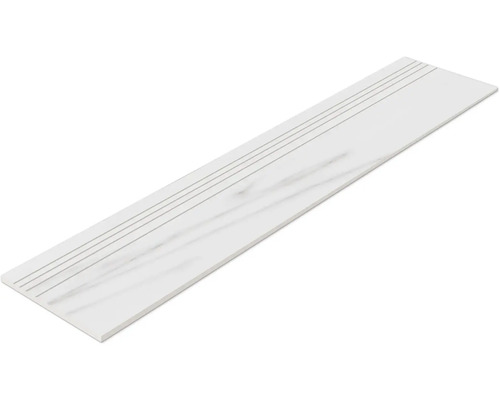 Placă de treaptă albă cu caneluri și aspect de marmură.