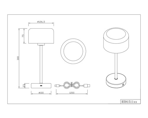 Desen tehnic al unei lămpi de masă cu dimensiuni