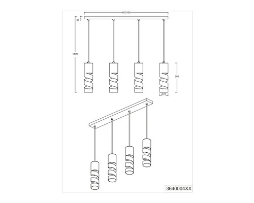 Desen tehnic al unei lămpi suspendate cu patru lumini și dimensiuni.