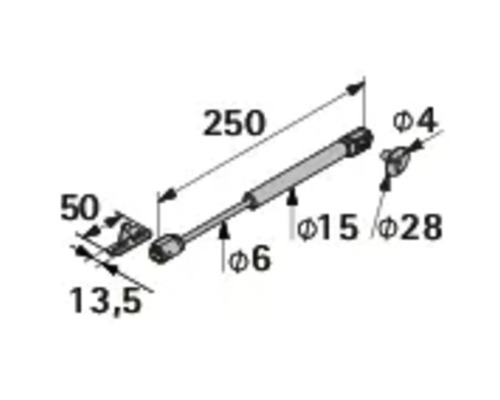 Desen tehnic al unui amortizor cu gaz cu indicații de dimensiuni