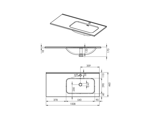 Desen tehnic al unei chiuvete cu bol de chiuvetă și dimensiuni