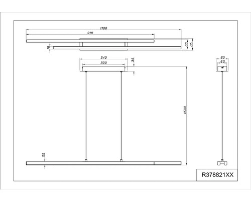 Desen tehnic al unei lămpi suspendate cu dimensiuni