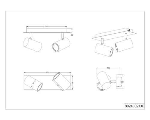Desen tehnic al unei lămpi de tavan cu două spoturi și indicații de dimensiuni