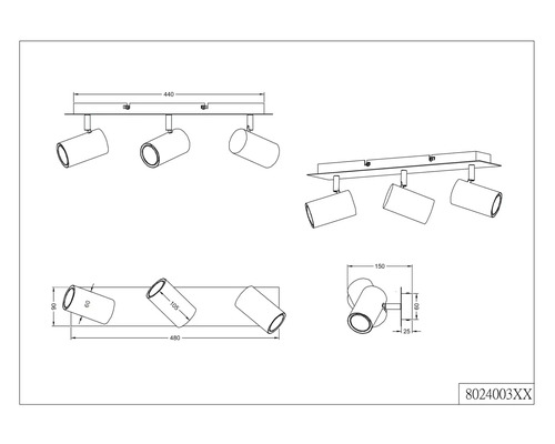 Desen tehnic al unei lămpi de tavan cu trei spoturi și indicații de dimensiuni