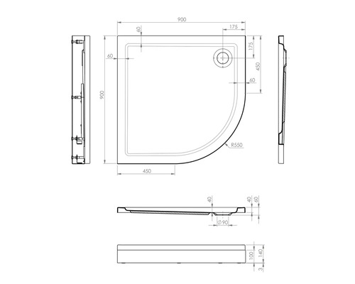 Desen tehnic al unei cădițe de duș cu dimensiuni