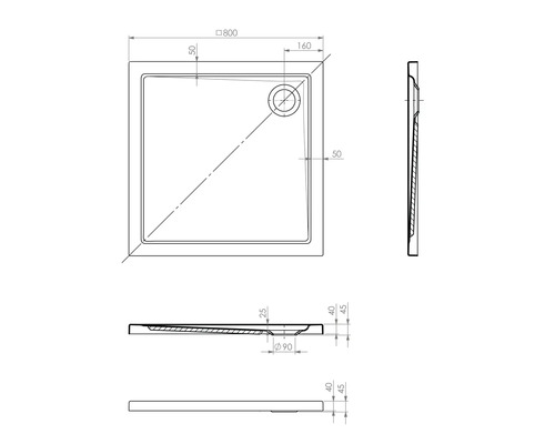 Desen tehnic al unei cădițe de duș pătrate cu dimensiuni