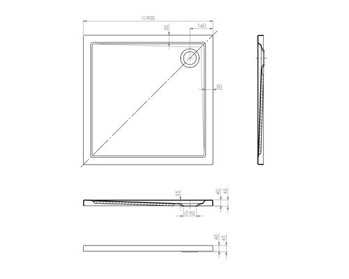 Desen tehnic al unei cădițe de duș cu dimensiuni