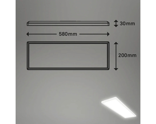 Desen tehnic al unei lămpi LED cu dimensiunile de 580 mm lungime, 200 mm lățime și 30 mm înălțime.