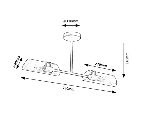 Desen tehnic al unei lămpi de tavan cu dimensiunile de 730 milimetri lungime, 120 milimetri diametru baldachin, 80 milimetri diametru abajur, 270 milimetri distanță abajur și 320 milimetri înălțime.