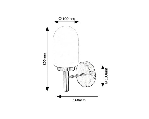 Desen tehnic al unei lămpi de perete cu dimensiunile de 255 mm înălțime, 160 mm lungime și 100 mm diametru.