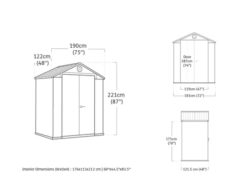 Desen cu dimensiunile unei magazii de grădină cu indicații despre lățime, adâncime și înălțime