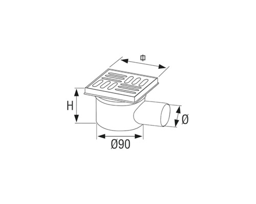 Imagine a unui sifon de pardoseală cu dimensiuni.