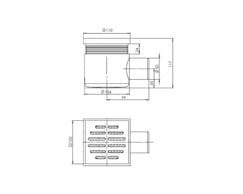 Desen tehnic al unui sifon de pardoseală cu dimensiuni