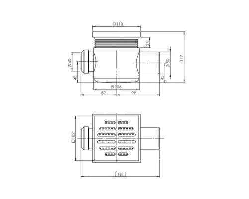 Desen tehnic al unui sifon de pardoseală cu dimensiuni