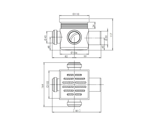 Desen tehnic al unui sifon de pardoseală cu dimensiuni