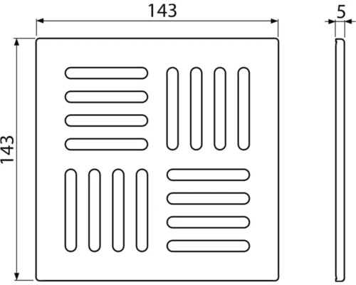 Desen tehnic al unei grile de ventilație pătrate cu dimensiunile 143 x 143 x 5 mm.