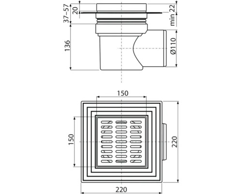 Desen tehnic cu dimensiunile unui sifon de pardoseală
