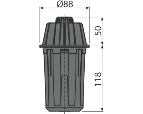 Desen tehnic al unui recipient din plastic cu dimensiunile de 88 mm diametru, 50 mm înălțime capac și 118 mm înălțime totală.