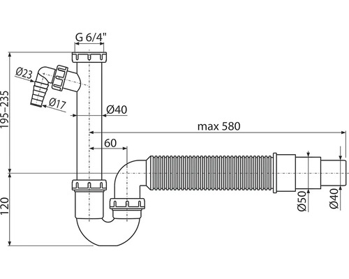 Desen tehnic al unui sifon cu dimensiuni