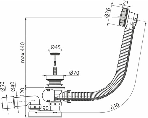 Desen tehnic al unui sifon cu dimensiuni