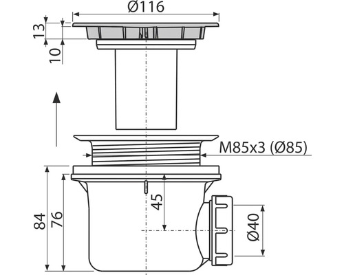 Desen tehnic al unui sifon de pardoseală cu dimensiuni