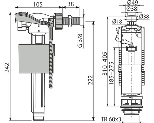 Desen tehnic al unei supape de umplere a rezervorului de toaletă cu dimensiuni