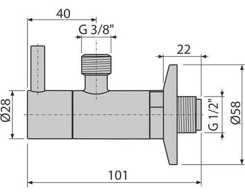 Desen tehnic al unui robinet de colț cu dimensiuni