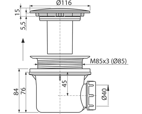 Desen tehnic al unui sistem de scurgere cu dimensiuni