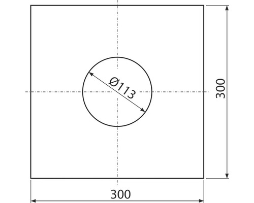 Desen tehnic al unei plăci cu diametrul de 113 mm și dimensiunea de 300 x 300 mm
