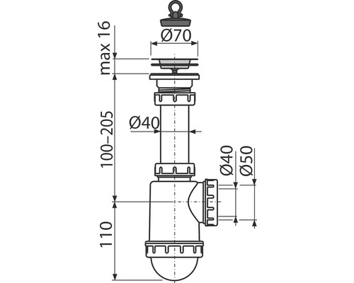 Desen tehnic al unui sifon cu dimensiuni