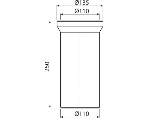 Desen tehnic al unei țevi cu dimensiunile de 250 milimetri înălțime și 110 până la 135 milimetri diametru