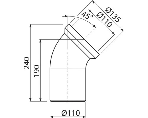 Desen tehnic al unui cot de țeavă de 45 de grade cu indicații de măsurare
