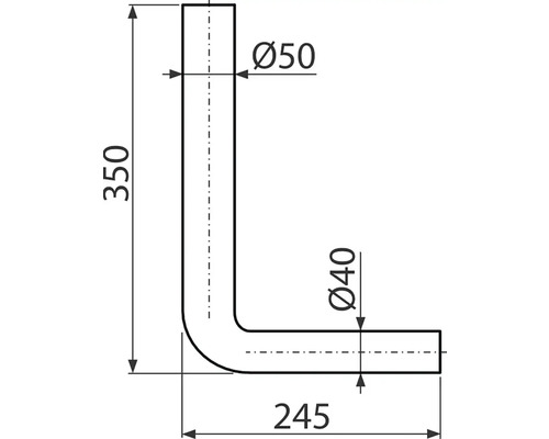 Desen tehnic al unei curbe de țeavă cu dimensiunile de 350 x 245 milimetri și diametre de 50 și 40 milimetri.