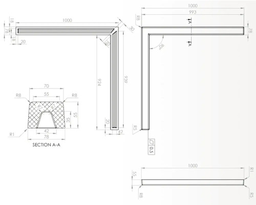Desen tehnic al unui profil de colț cu dimensiuni