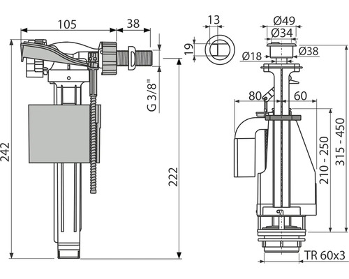 Desen tehnic al unui rezervor de toaletă cu dimensiuni