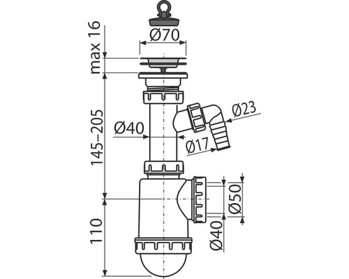 Desen tehnic al unui sifon cu dimensiuni