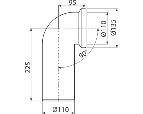 Desen tehnic al unei coturi de țeavă de 90 de grade cu indicații de dimensiuni