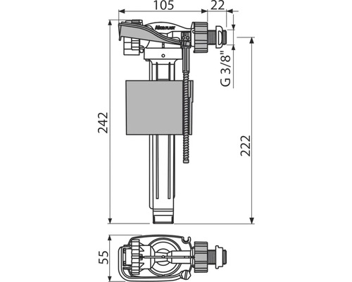 Desen tehnic al unei supape de umplere pentru WC cu dimensiuni