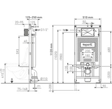 Desen tehnic al unui element de montaj frontal pentru WC cu dimensiuni