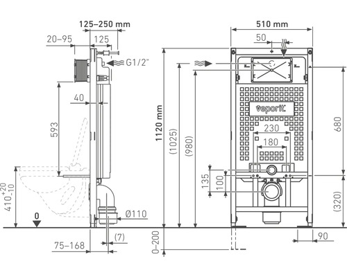 Desen tehnic al unui element de montaj frontal pentru WC cu dimensiuni
