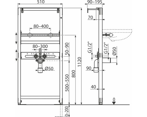 Desen tehnic al unei instalații montate pe perete cu dimensiuni