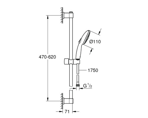 Desen tehnic cu bară de duș cu duș de mână și dimensiuni