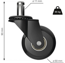 Rotiță pentru scaun de birou cu dimensiunile 90 mm înălțime și 50 mm diametru, capacitate portantă 65 kg