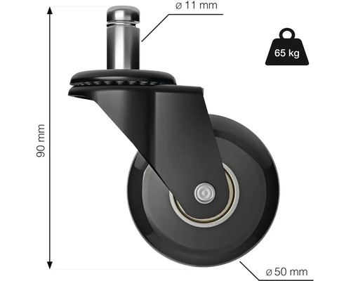 Rotiță pentru scaun de birou cu dimensiunile 90 mm înălțime și 50 mm diametru, capacitate portantă 65 kg