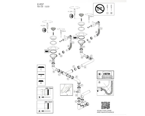 Desen explodat al unui sistem de chiuvetă cu instrucțiuni de instalare