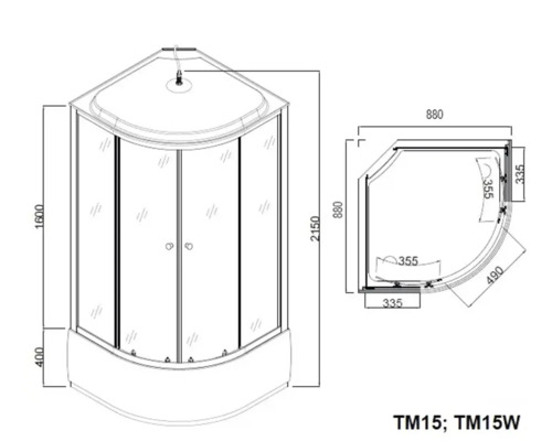Desen tehnic al unei cabine de duș de colț cu dimensiuni