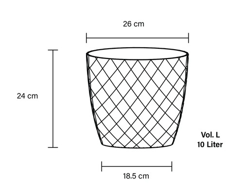 Imagine cu un coș de gunoi cu dimensiunile de 26 cm lățime, 24 cm înălțime, 18,5 cm adâncime și volum de 10 litri.