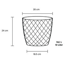 Desen tehnic al unui coș de gunoi cu dimensiunile de 26 cm lățime, 24 cm înălțime, 18,5 cm diametru bază și volum de 10 litri.