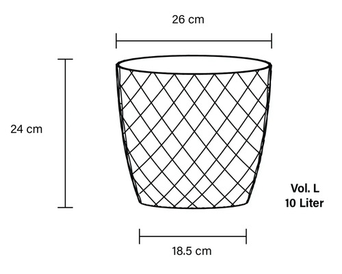 Desen tehnic al unui coș de gunoi cu dimensiunile de 26 cm lățime, 24 cm înălțime, 18,5 cm diametru bază și volum de 10 litri.