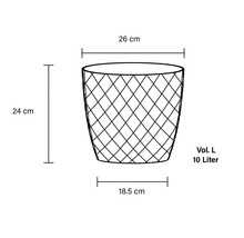 Schiță a unui coș de gunoi cu dimensiunile de 26 cm lățime, 24 cm înălțime și 18,5 cm adâncime, volum de 10 litri
